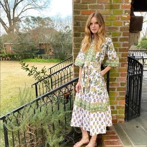 Sue Sartor Paloma Flounce Dress in Olive/Maize/Indigo